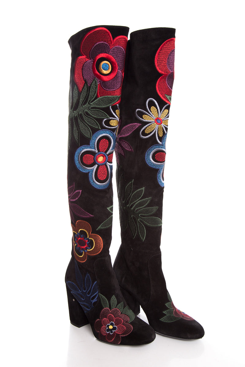 Valentino Black & Multi Floral Boots SZ 37.5