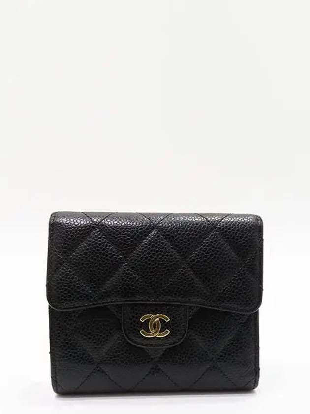 A82288 Black caviar skin gold COCO logo quilted classic small flap bi fold wallet Chanel