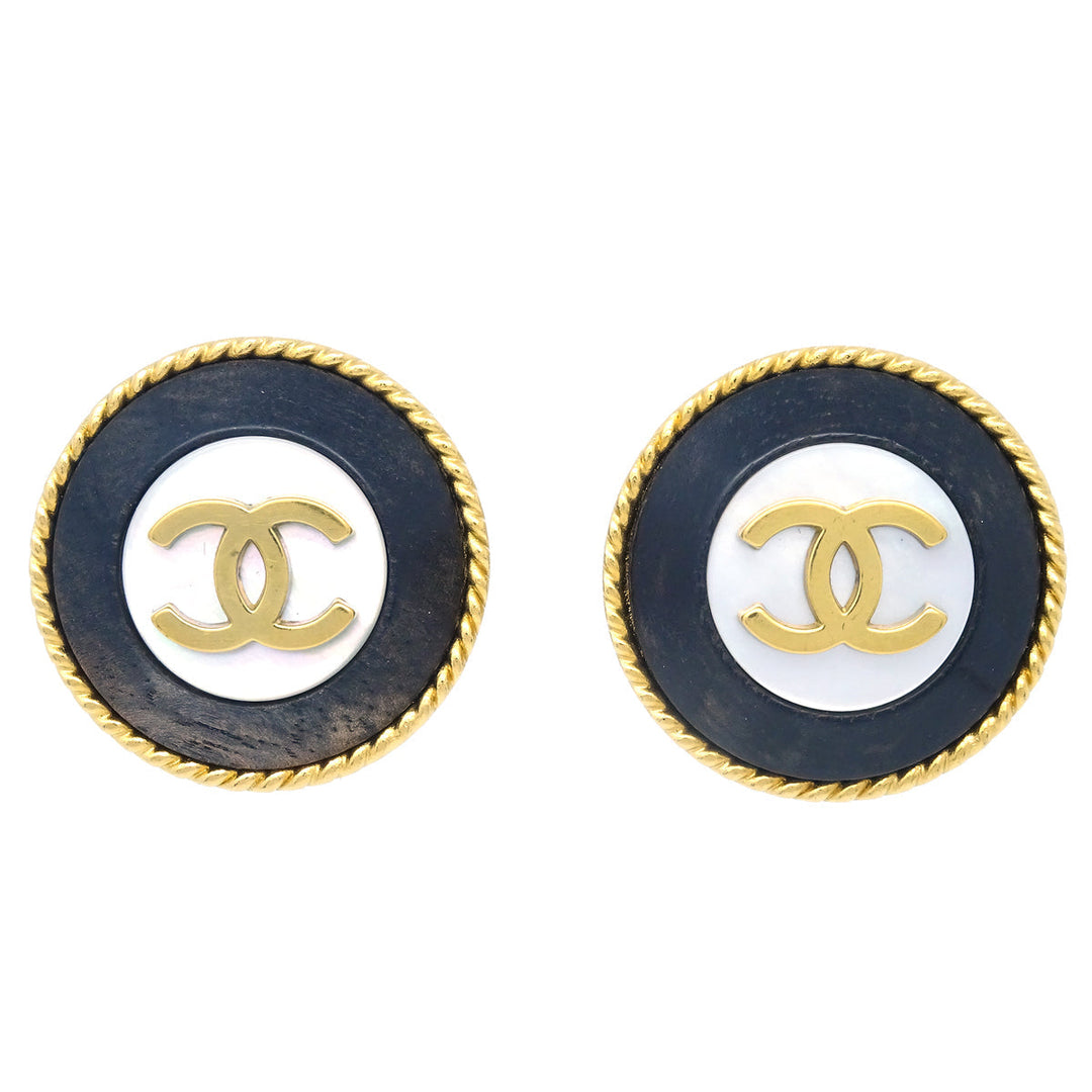 Top Quality Chanel Gold Black Button Earrings Clip-On 95P