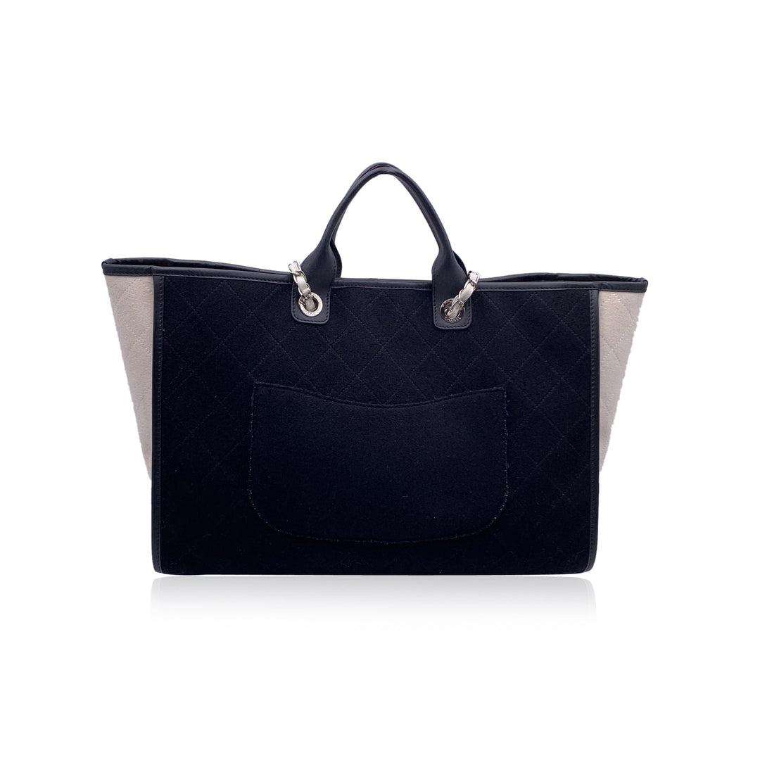 Chanel Black And White Felt Wool Large Deauville Tote Shoulder Bag