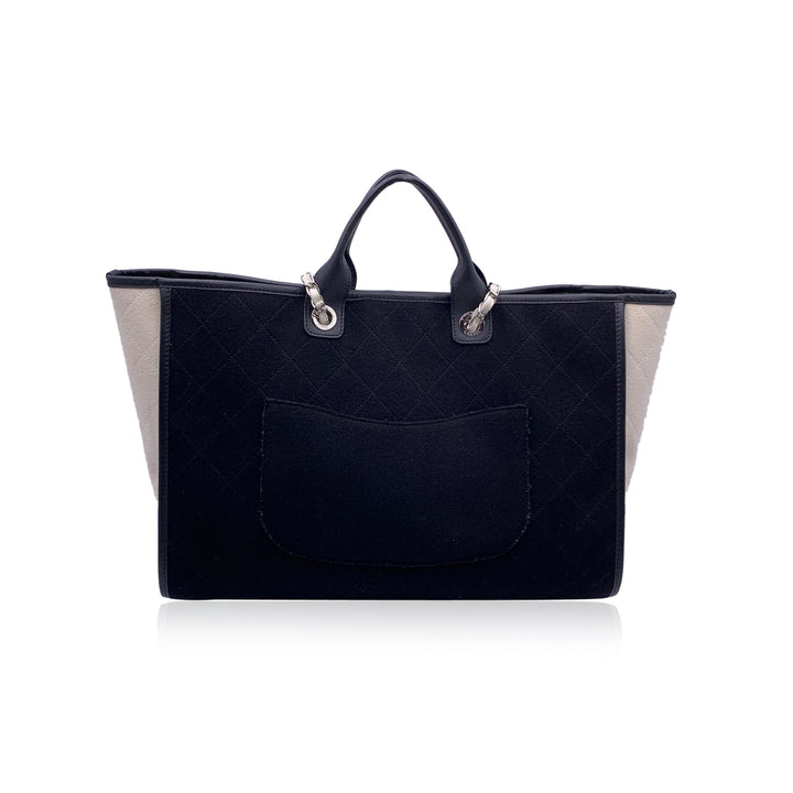 Chanel Black And White Felt Wool Large Deauville Tote Shoulder Bag