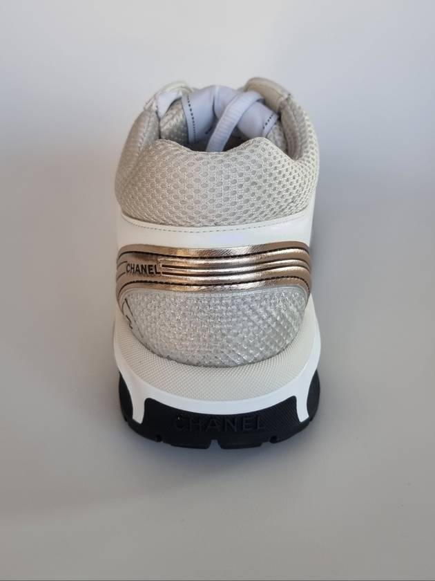 Women CC Logo Fabric Laminated Low Top Sneakers Silver Ivory Chanel