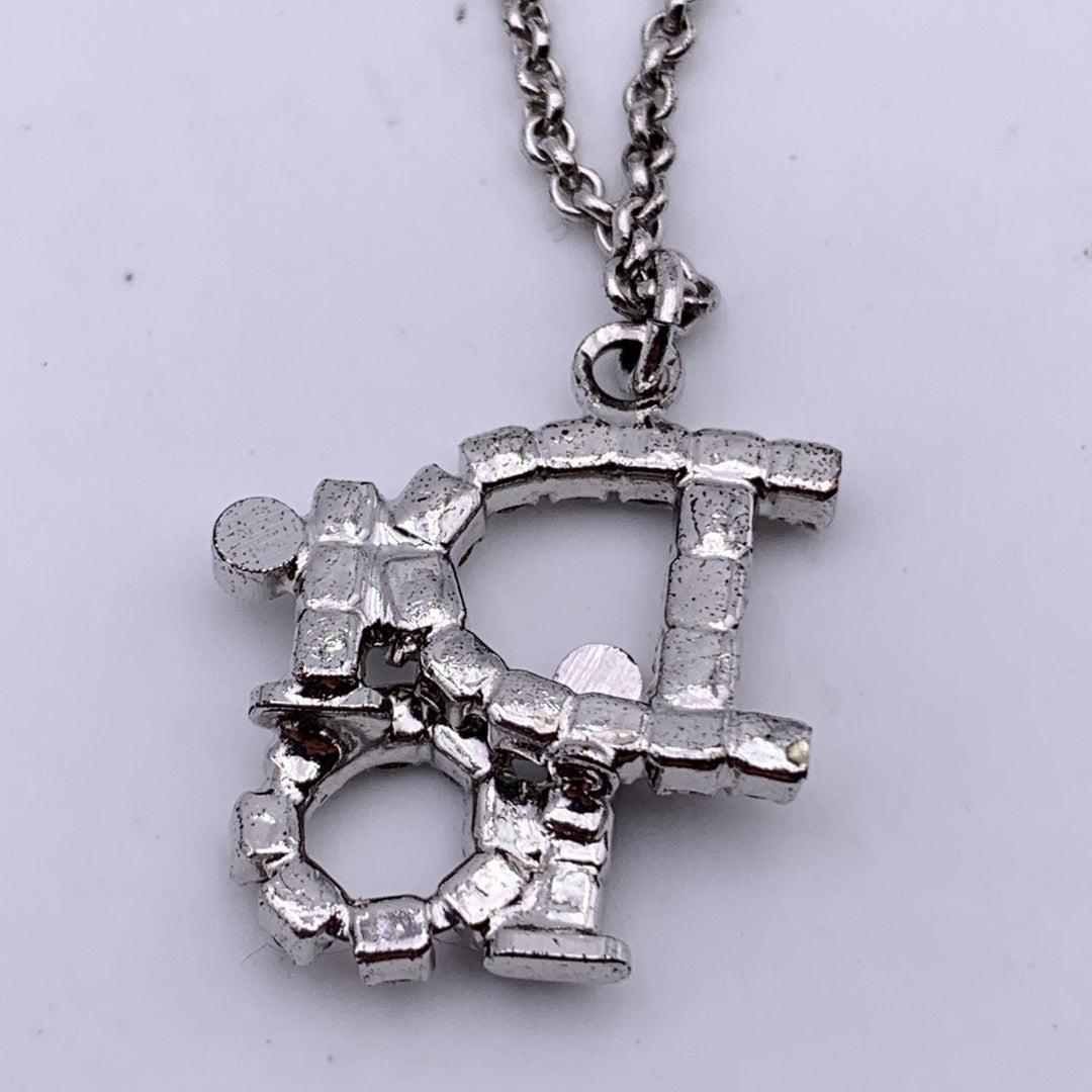 CHRISTIAN Top quality Dior Silver Metal Crystals Oblique Logo Necklace