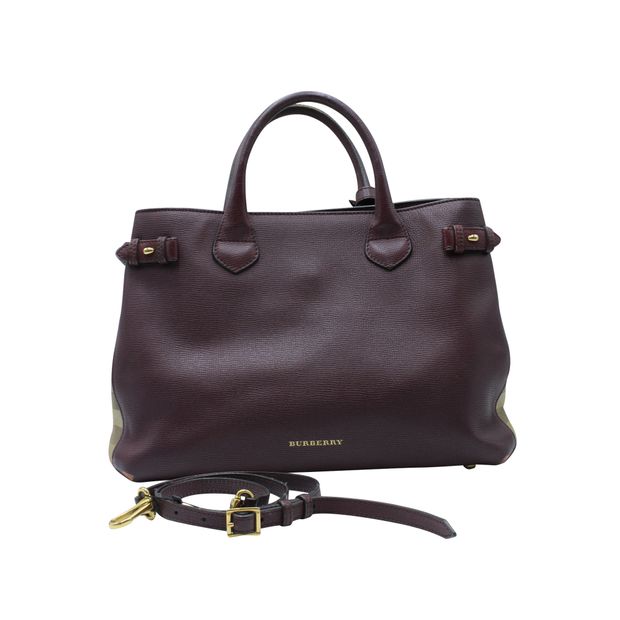 BURBERRY Dark Purple Grained Leather Tote - Checked Pattern On Sides