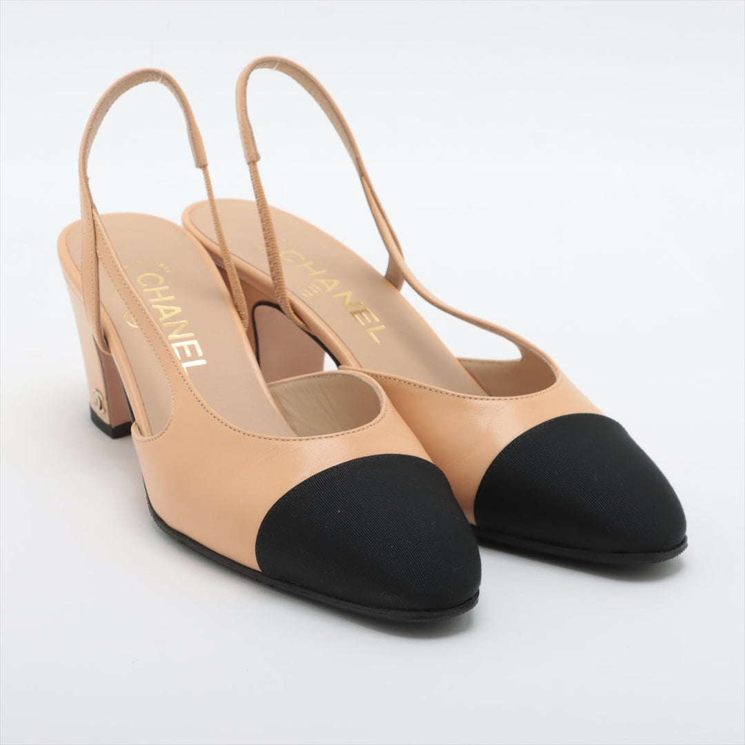 Top Quality Chanel Coco Leather X Fabric Strap Pump EU37  Beige X Black G31318 Box Bag