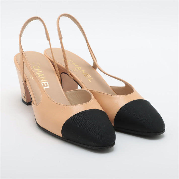 Top Quality Chanel Coco Leather X Fabric Strap Pump EU37  Beige X Black G31318 Box Bag