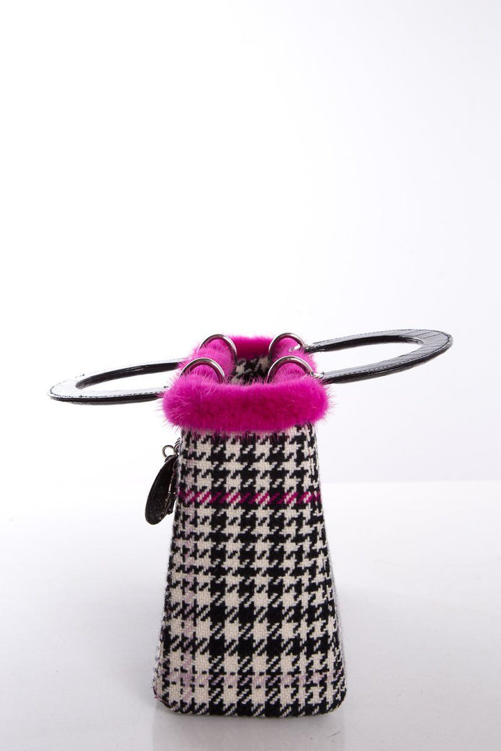 Christian Top quality Dior Black & White Wool Houndstooth Mink Trim Crocodile Handle Bag