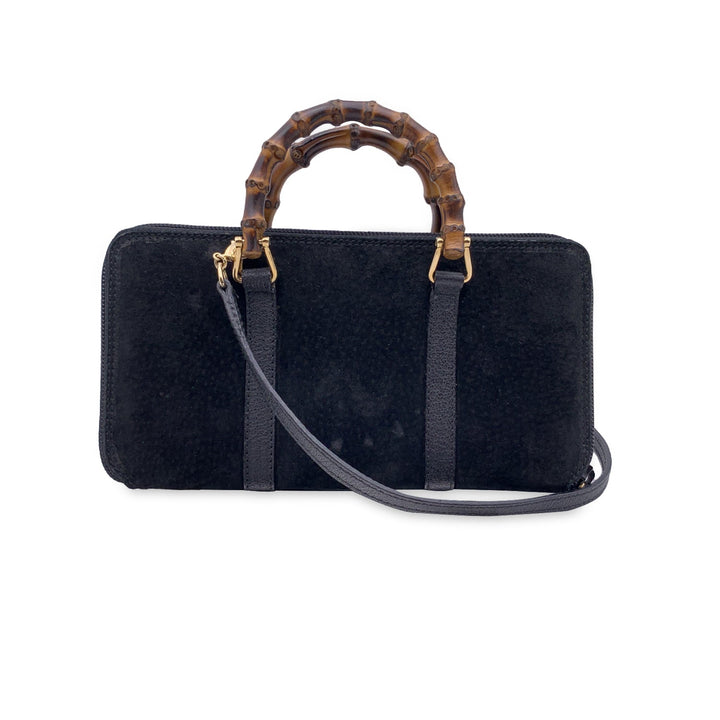 GUCCI Vintage Black Suede Bamboo Wallet On Chain Woc Crossbody