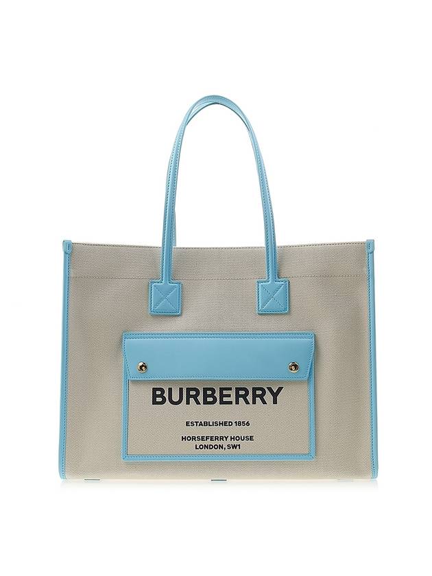 Burberry Freya Logo Print Medium Canvas Tote Bag Natural Blue