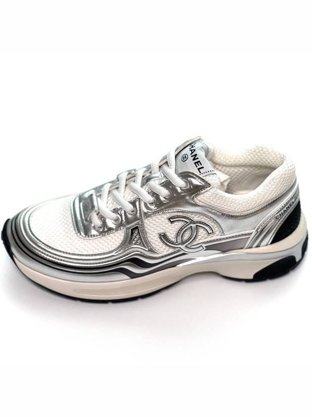 Fabric Laminated Low Top Sneakers Silver Chanel