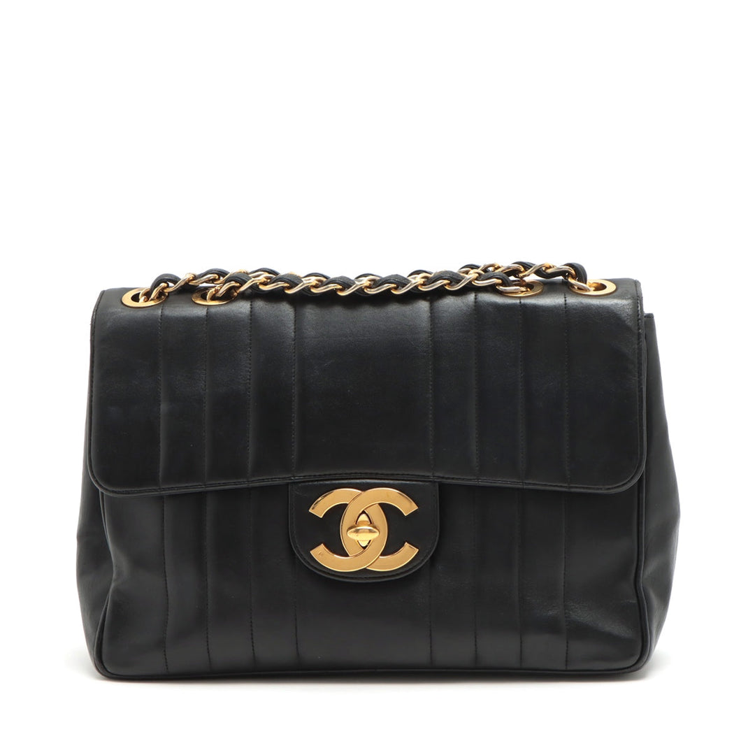 Top Quality Chanel Deca Mademoiselle  Single Flap Double Chain Bag Black Gold  1st