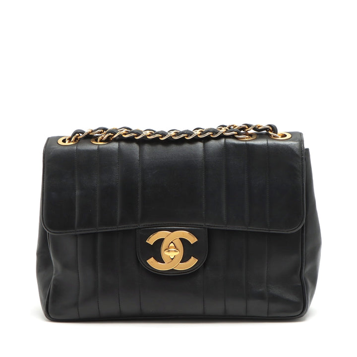 Top Quality Chanel Deca Mademoiselle  Single Flap Double Chain Bag Black Gold  1st