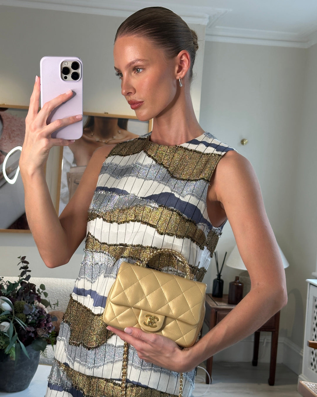 *CURRENT COLLECTION* Top Quality Chanel Metallic Gold Mini Top Handle Bag in Calfskin Leather with Gold Hardware and Clear Perspex Handle Detail