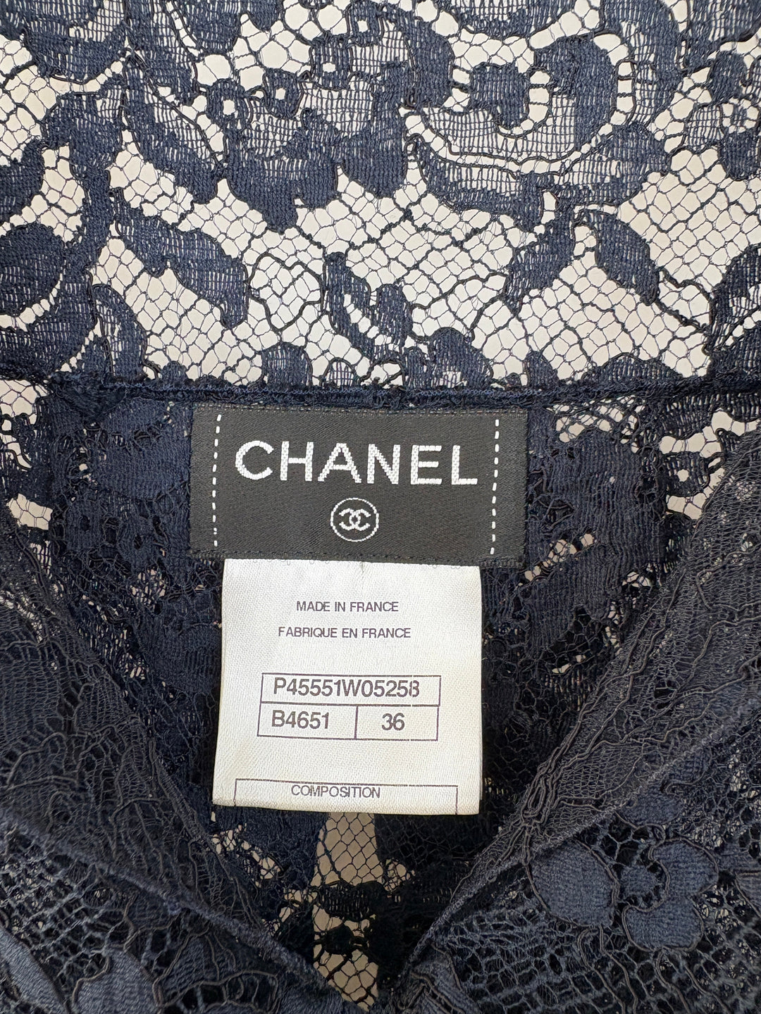 Top Quality Chanel Navy Lace Long Sleeve Shirt with Ruthenium Buttons Detail Size FR 36 (UK 8)