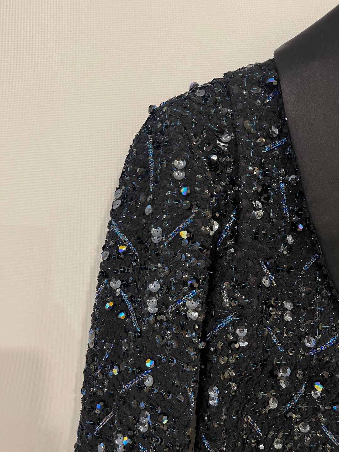 *HOT* Top Quality Chanel Black and Blue Sequin Embellished Jacket with Satin Collar Detail Size FR 34 (UK 6)