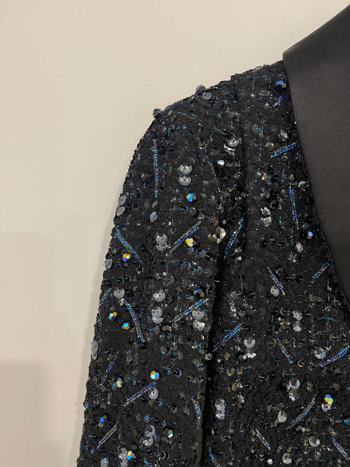 *HOT* Top Quality Chanel Black and Blue Sequin Embellished Jacket with Satin Collar Detail Size FR 34 (UK 6)