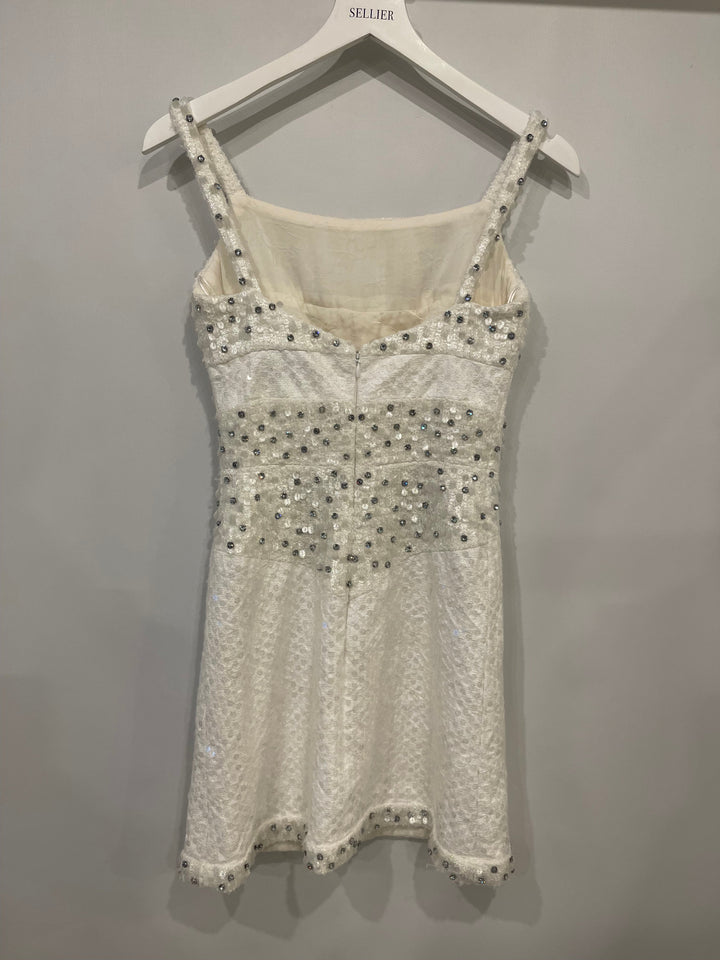 Top Quality Chanel Pearl White Sleeveless Sequin and Crystal Embellished Mini Dress with Pearl CC Logo Detail Size FR 36 (UK 8)