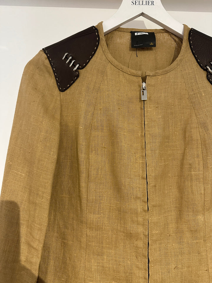 *VINTAGE* Top quality Fendi Brown Round Neck Jacket with Leather Trim Detail IT 42 (UK 10)