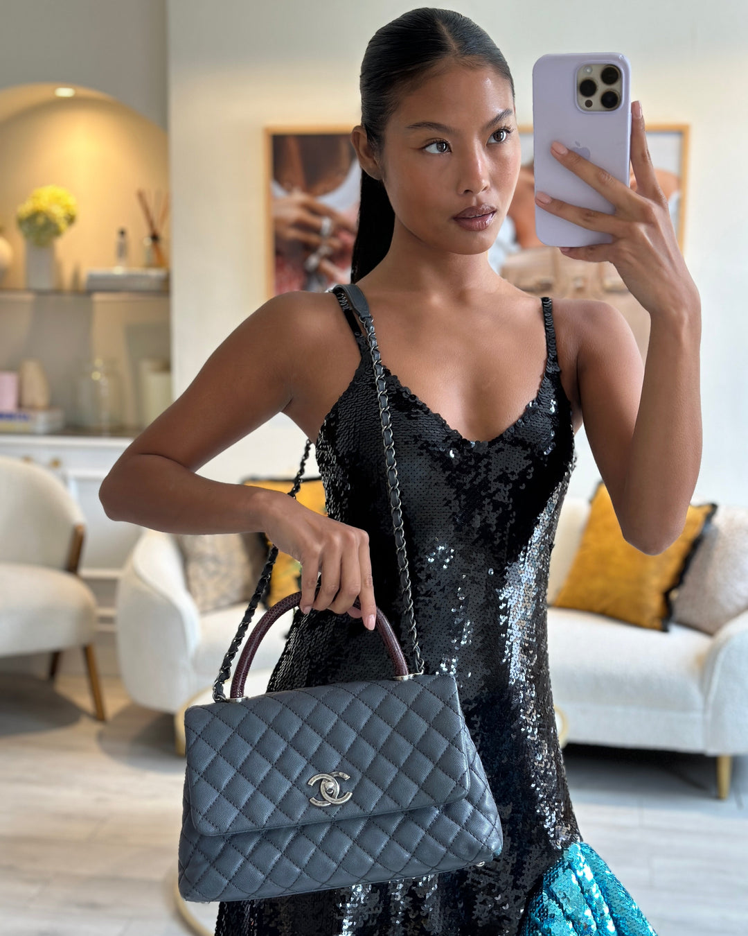 *RARE* Top Quality Chanel Medium Coco Top Handle Bag Grey Caviar with Python Handle and Ruthenium Hardware