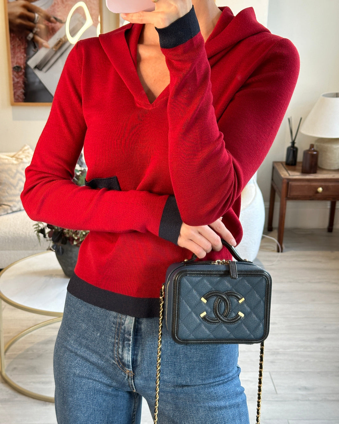 Top Quality Chanel Navy and Black Small CC Vanity Case Bag in Caviar Leather with Brushed Gold Hardware