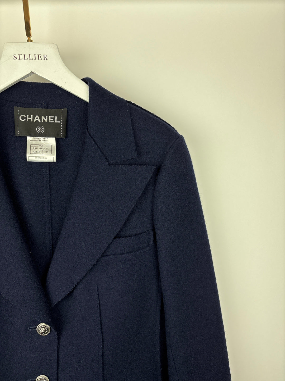 Top Quality Chanel Navy Wool Blazer Jacket with Silver CC Button Detail FR 36 (UK 8)