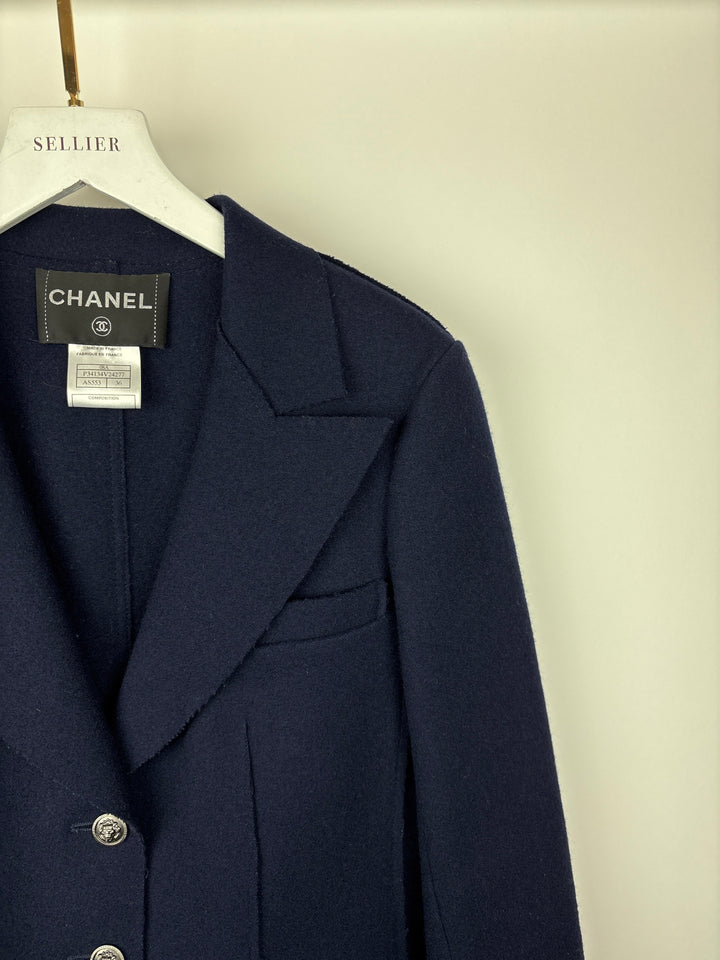 Top Quality Chanel Navy Wool Blazer Jacket with Silver CC Button Detail FR 36 (UK 8)