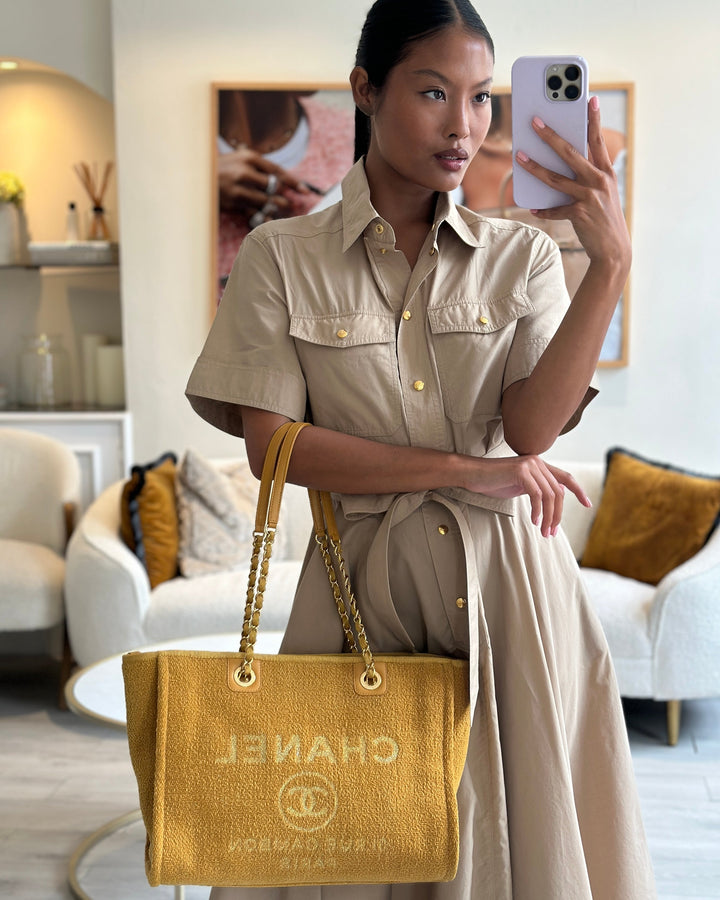 *HOT* Top Quality Chanel Mustard Yellow Small Deauville Tote Bag in Velvet Tweed with Champagne Gold Hardware