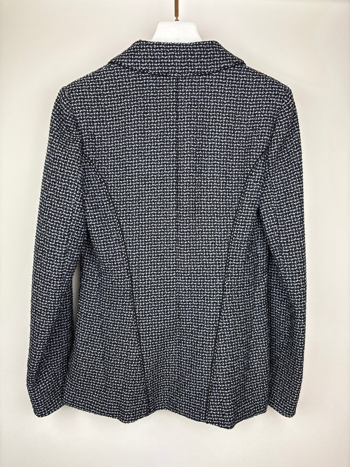 Top Quality Chanel Black & Grey Metallic Tweed Curved Hem Jacket with Ruthenium CC Button Detail FR 36 (UK 8)