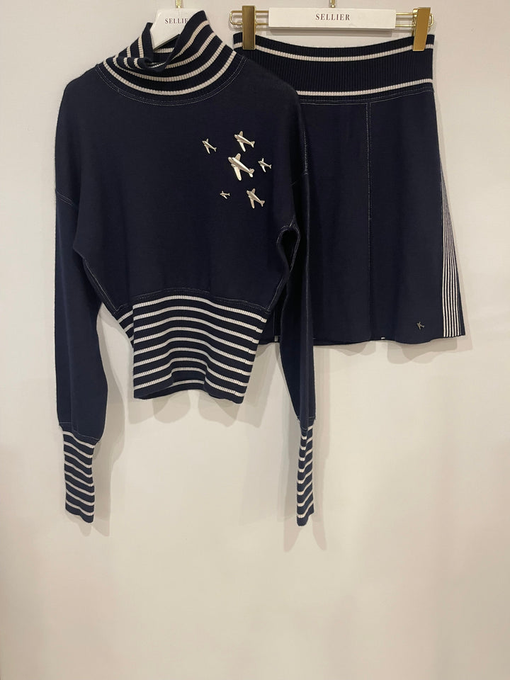 *HOT* Top Quality Chanel Airline Collection Navy Cashmere Jumper and Mini Skirt Set with Silver Logo Airplane Appliqu√©s Size FR 38 (UK 10)