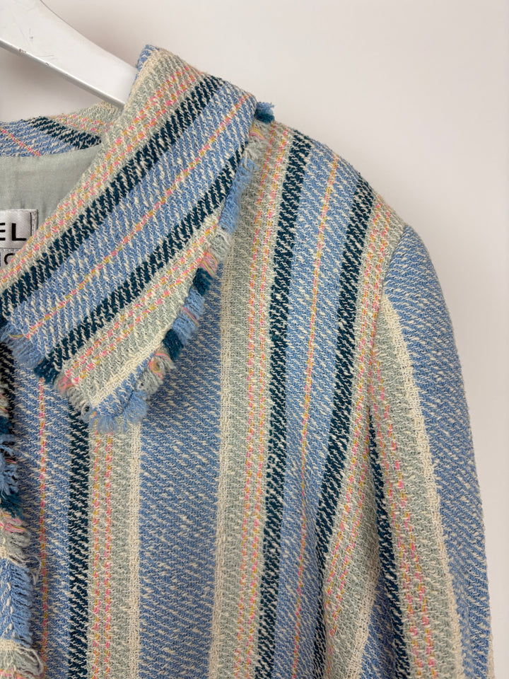 Top Quality Chanel 00/C Blue and Green Striped Tweed Jacket with Transparent Blue CC Logo Button Details Size FR 46 (UK 18)