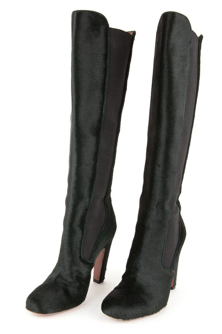 Alaïa 38 Dark Green Pony Hair Knee High Boots