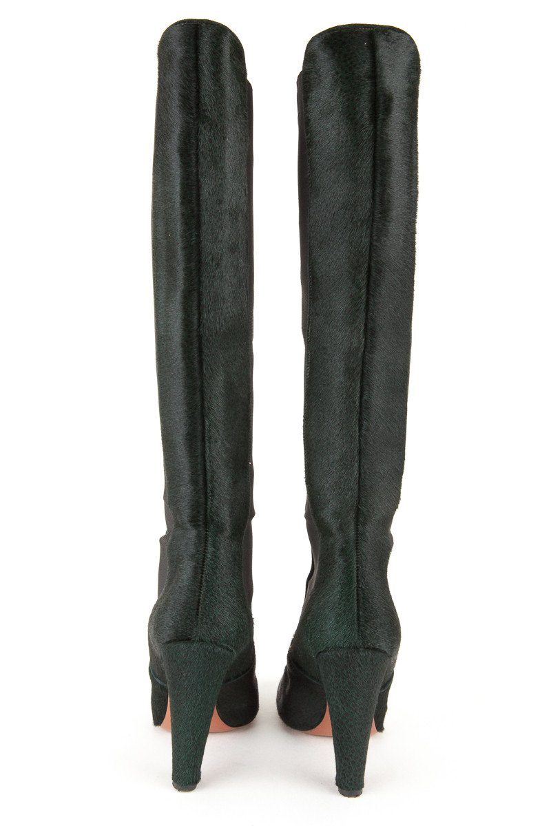 Alaïa 38 Dark Green Pony Hair Knee High Boots