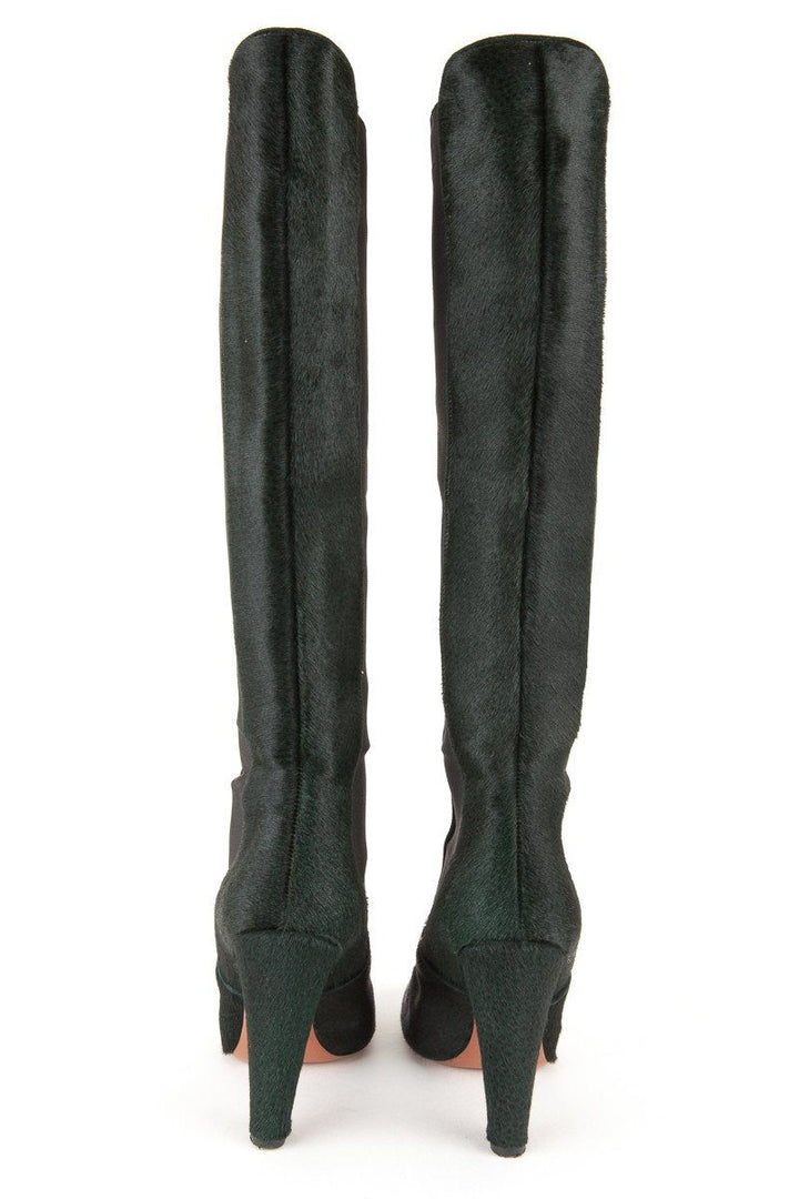 Alaïa 38 Dark Green Pony Hair Knee High Boots