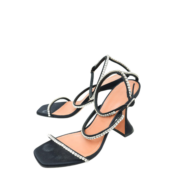 Amina Muaddi Black Satin Gilda 95 Embellished Sandal 37.5