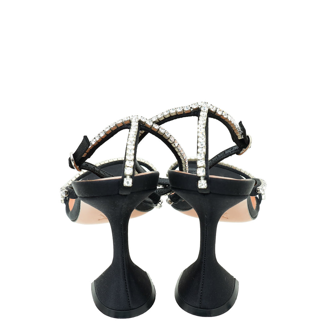 Amina Muaddi Black Satin Gilda 95 Embellished Sandal 37.5