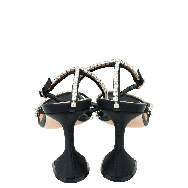 Amina Muaddi Black Satin Gilda 95 Embellished Sandal 37.5