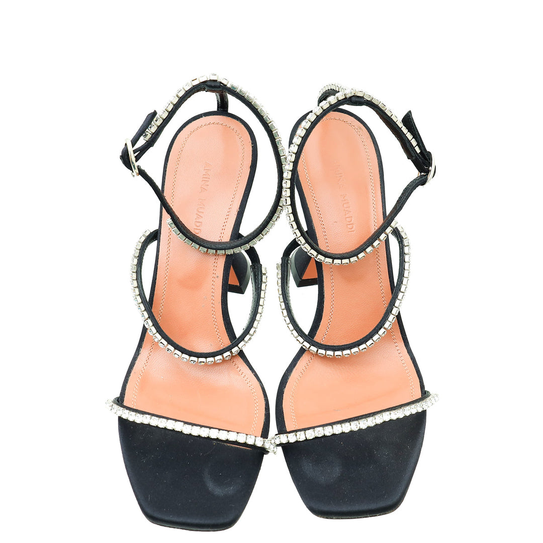 Amina Muaddi Black Satin Gilda 95 Embellished Sandal 37.5