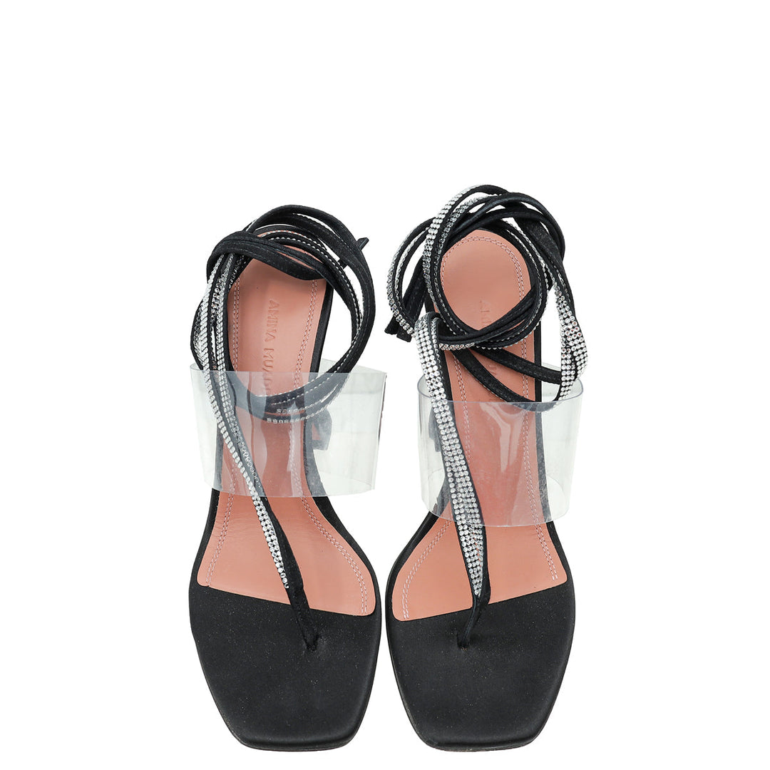 Amina Muaddi Black Zula Crystal Ankle Wrap Sandal 37.5