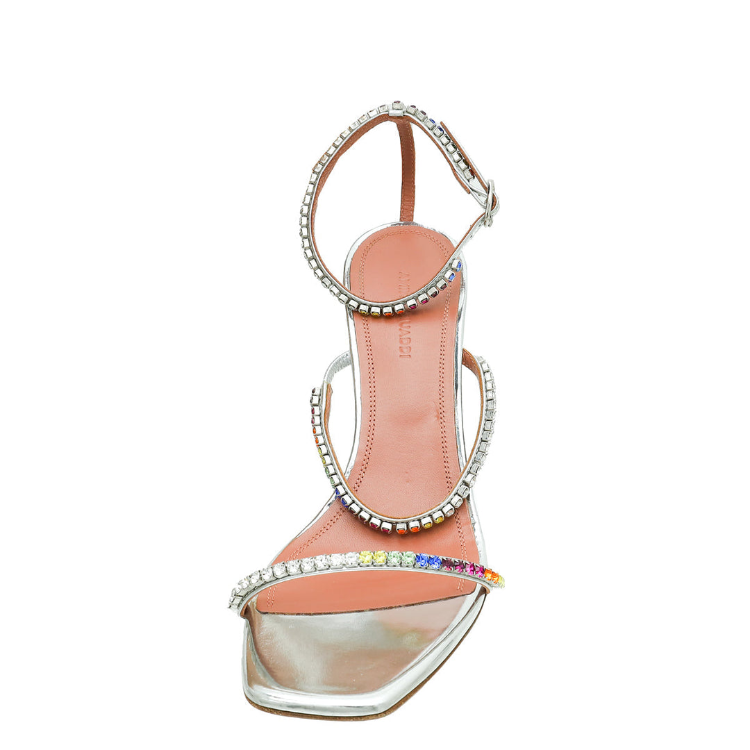 Amina Muaddi Metallic Silver Gilda 95 Ankle Strap Sandals 37
