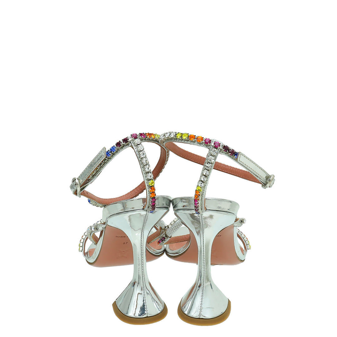 Amina Muaddi Metallic Silver Gilda 95 Ankle Strap Sandals 37