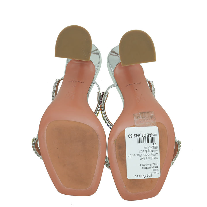Amina Muaddi Metallic Silver Gilda 95 Ankle Strap Sandals 37