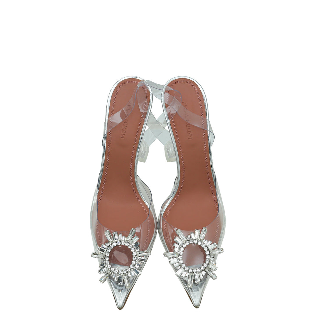 Amina Muaddi White Transparent PVC Crystal Begum Slingback Pumps 39