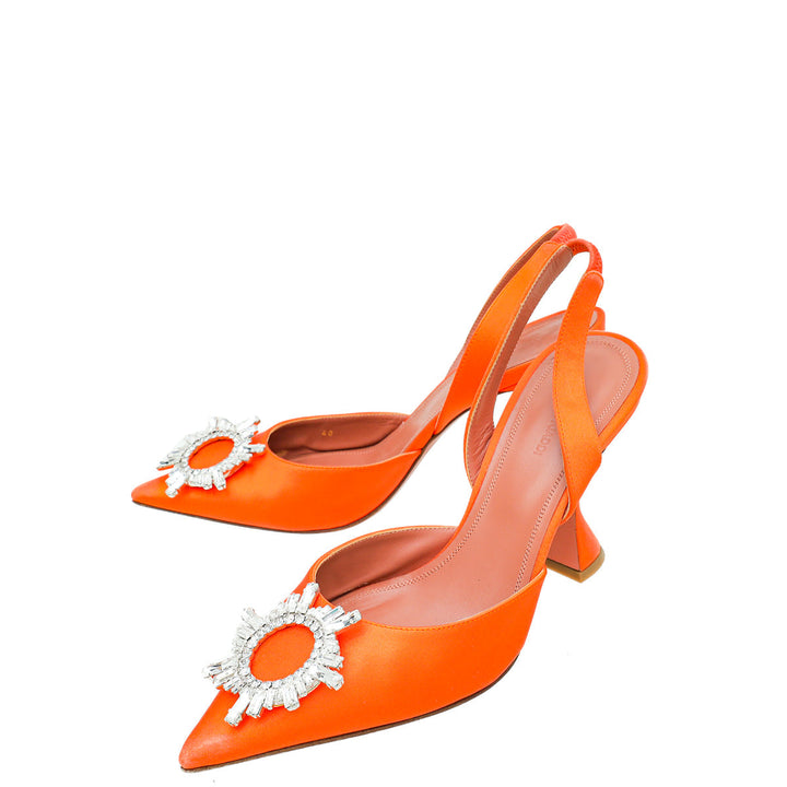 Amina Muaddi Orange Satin Crystal Begum Slingback Pumps 40