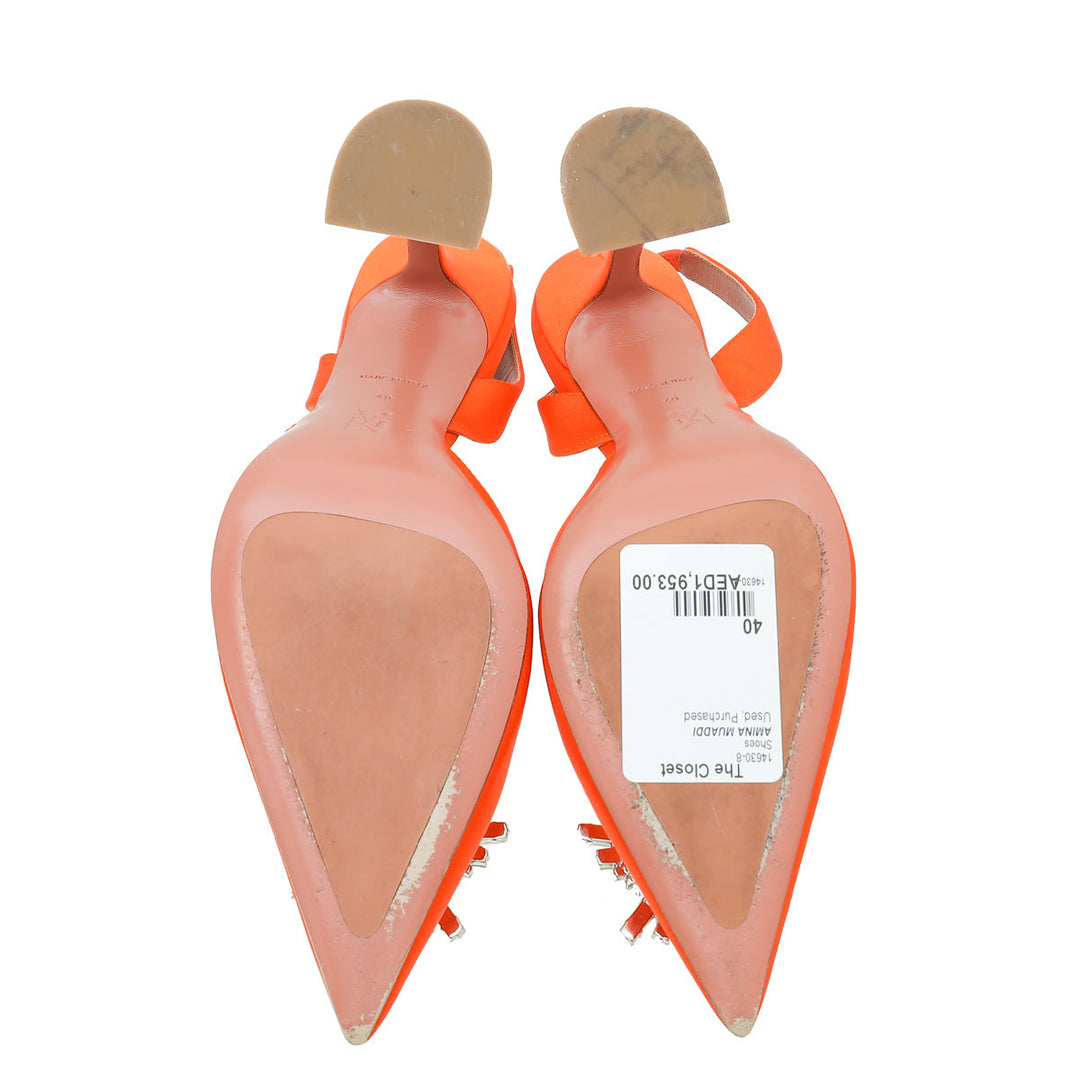 Amina Muaddi Orange Satin Crystal Begum Slingback Pumps 40