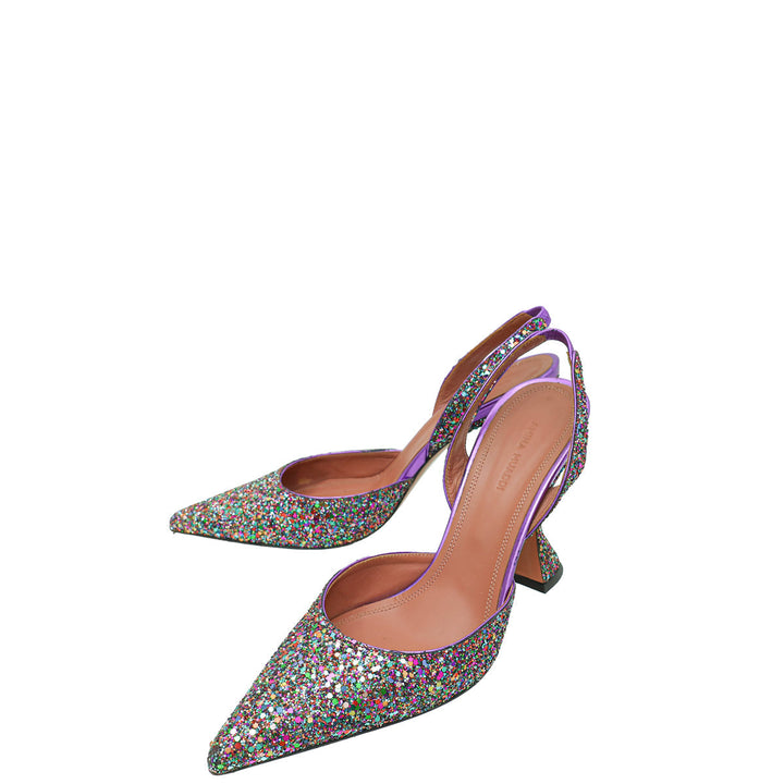 Amina Muaddi Metallic Purple Multicolor Glitter Holli Slingback Pumps 39
