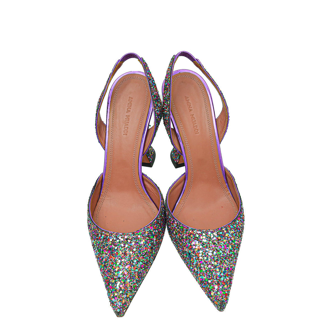 Amina Muaddi Metallic Purple Multicolor Glitter Holli Slingback Pumps 39