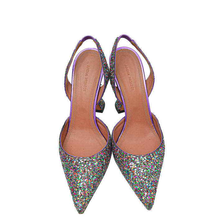 Amina Muaddi Metallic Purple Multicolor Glitter Holli Slingback Pumps 39