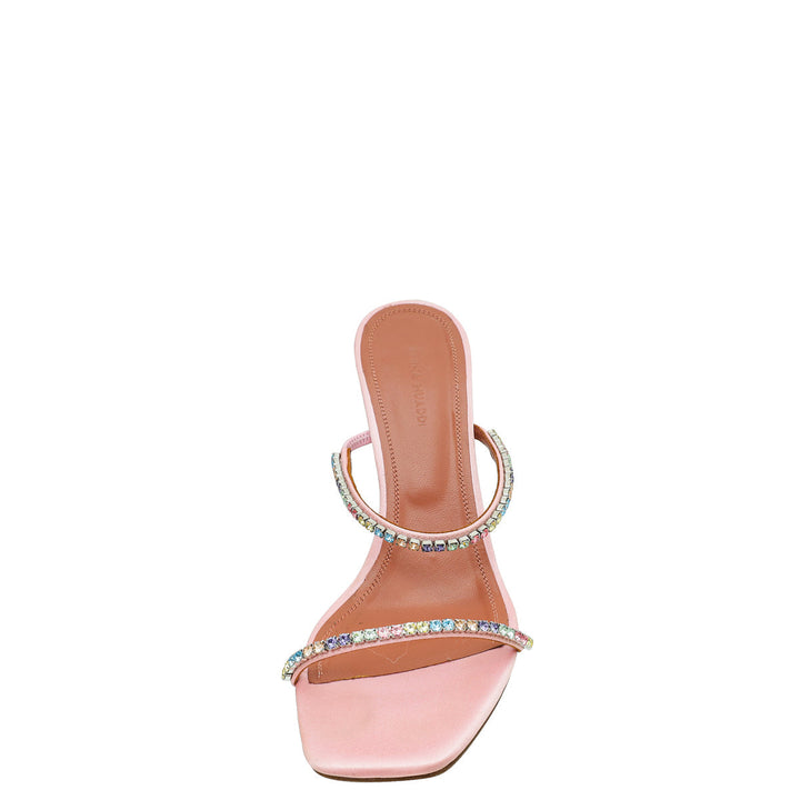 Amina Muaddi Light Rose Satin Gilda Crystal Embellished Mules 38.5