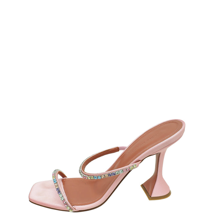 Amina Muaddi Light Rose Satin Gilda Crystal Embellished Mules 38.5