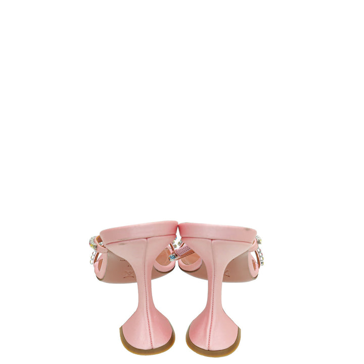Amina Muaddi Light Rose Satin Gilda Crystal Embellished Mules 38.5